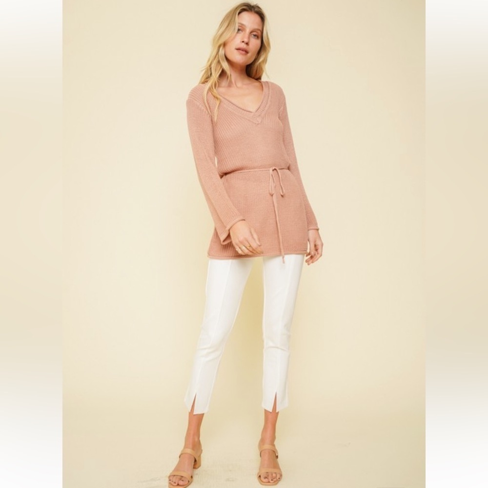 Tunic Sweater Crochet V Neck Tie Waist Pink Mauve NWT